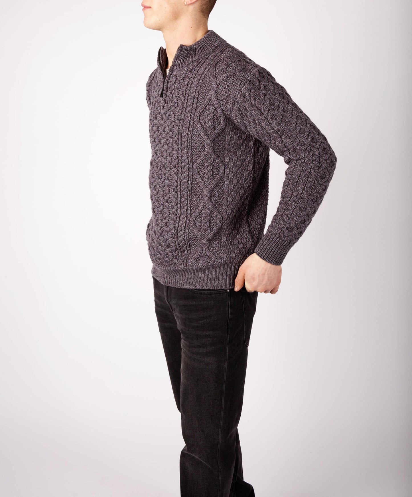 IrelandsEye Knitwear Dris Aran Zip Neck Sweater in Steel Marl
