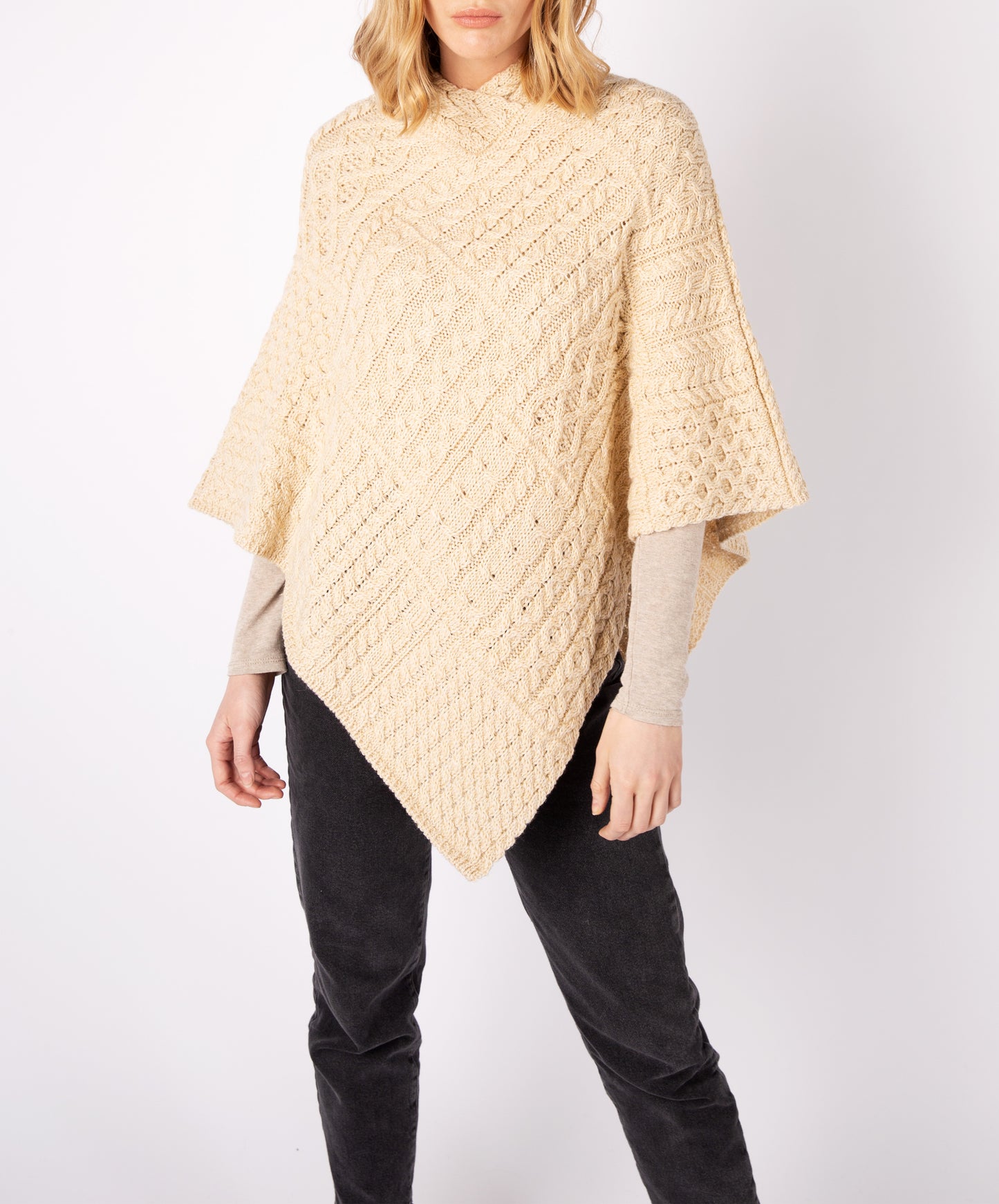 IrelandsEye Knitwear Elm Patchwork Poncho Oatmeal Marl