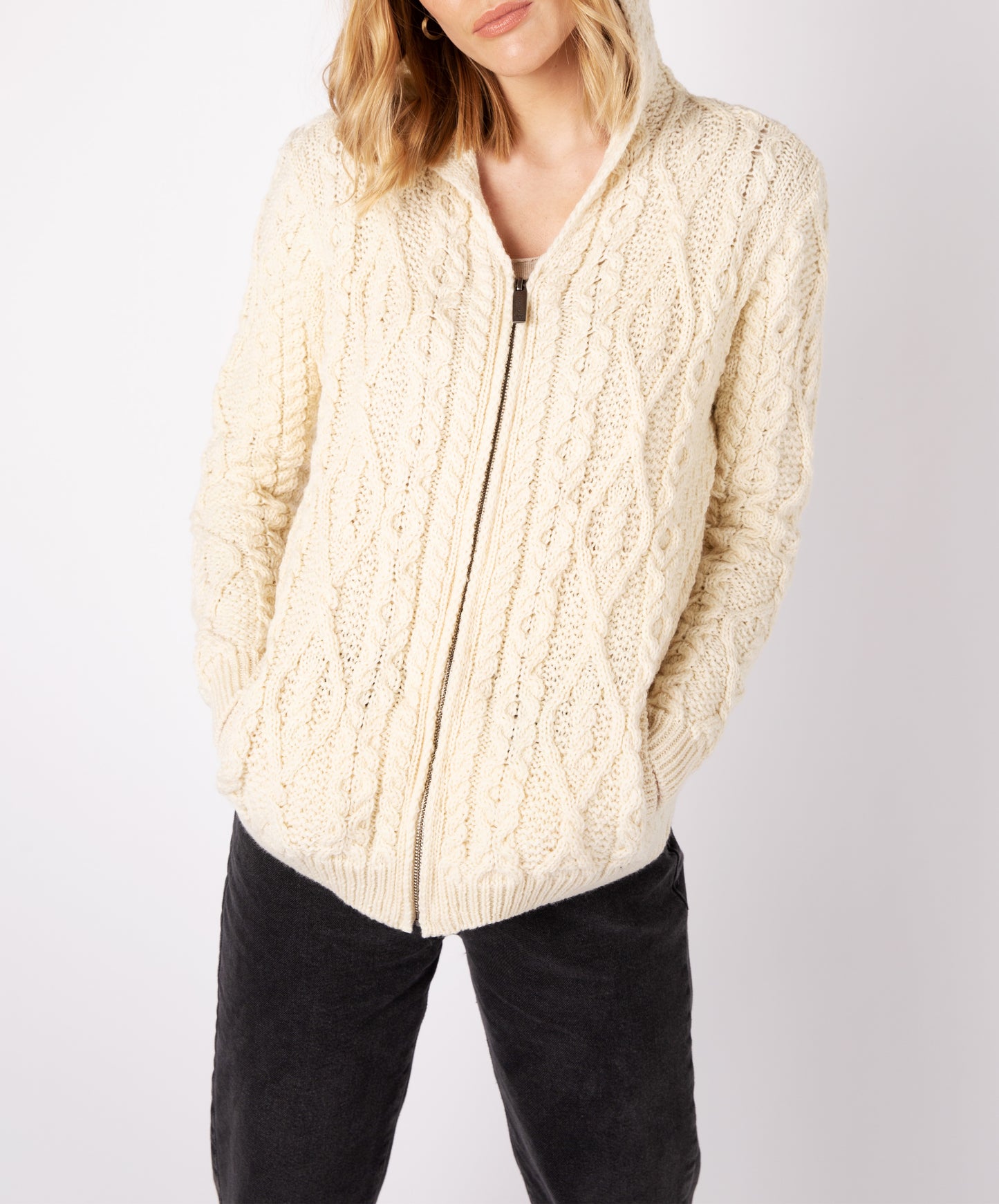 IrelandsEye Knitwear Ash Aran Zipped Hooded Jacket Natural