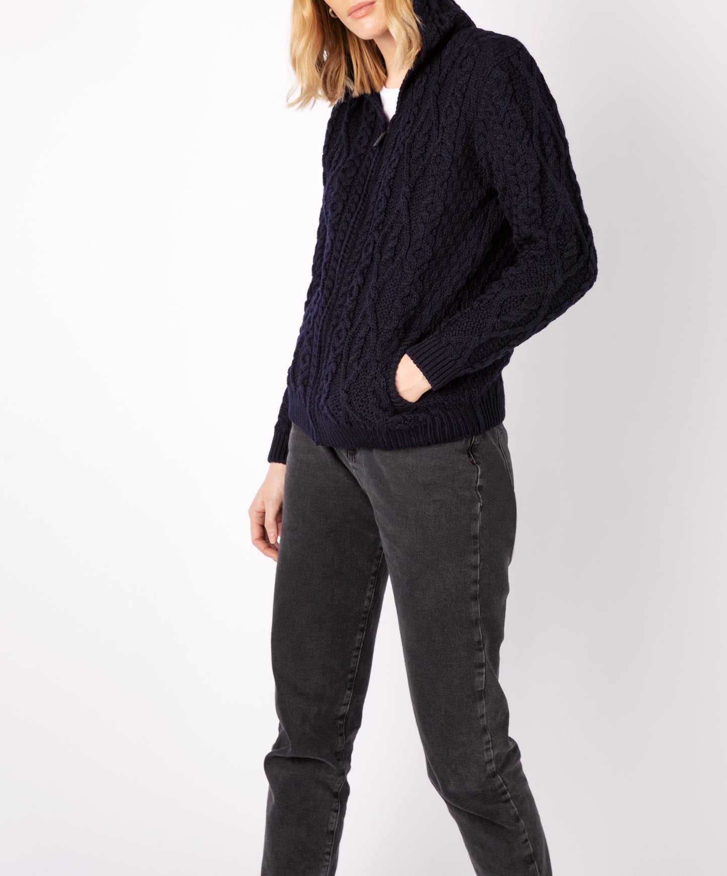 IrelandsEye Knitwear Ash Aran Zipped Hooded Jacket Navy