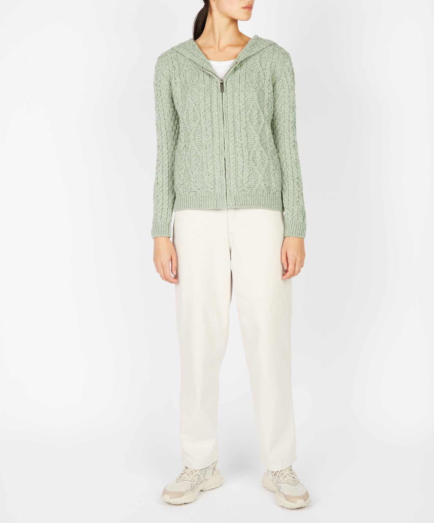 IrelandsEye Knitwear Ash Aran Zipped Hooded Jacket Sage Marl