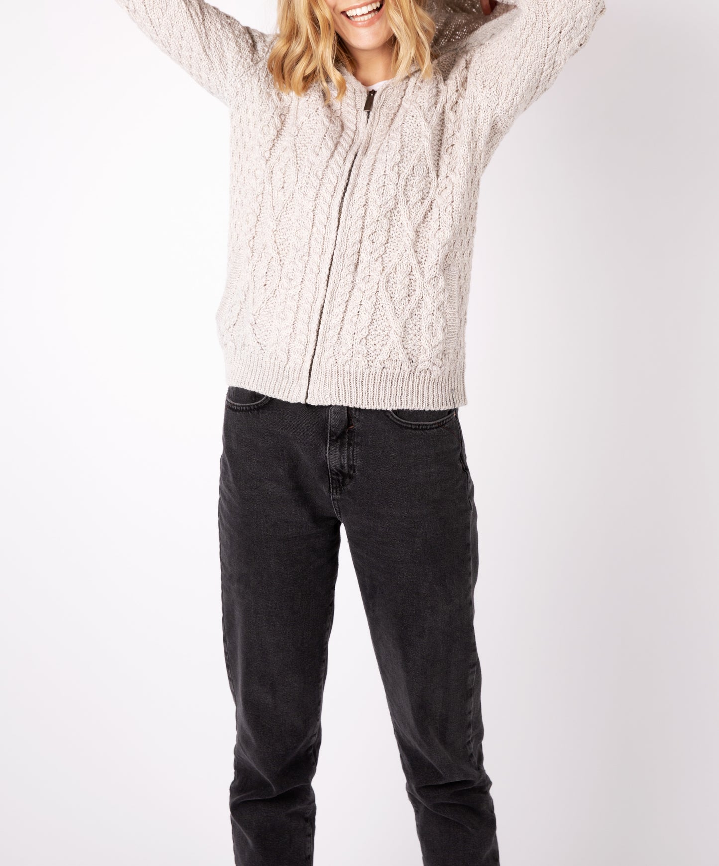 IrelandsEye Knitwear Ash Aran Zipped Hooded Jacket Silverl Marl