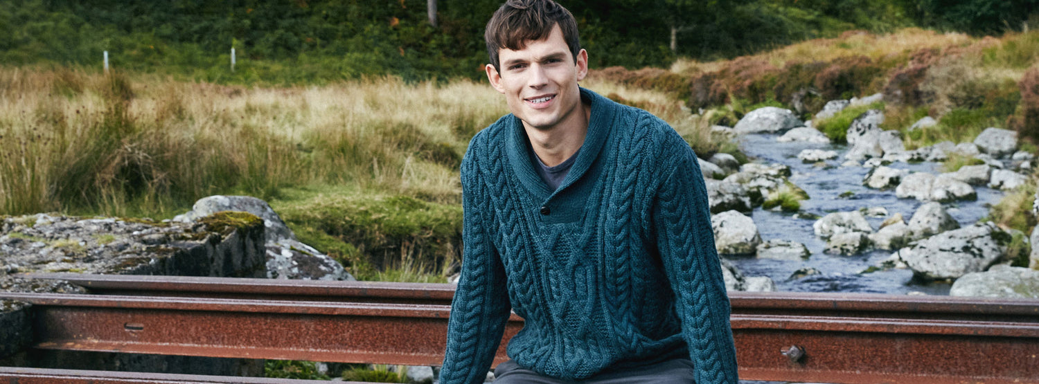 IrelandsEye Knitwear Dair Aran Shawl Collar Sweater in Evergreen