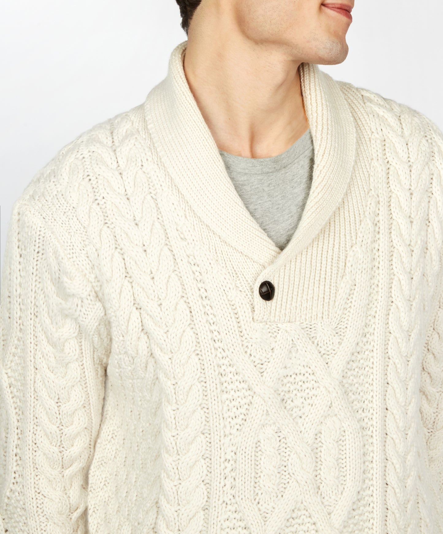 IrelandsEye Knitwear Dair Aran Shawl Collar Sweater in Natural Merino