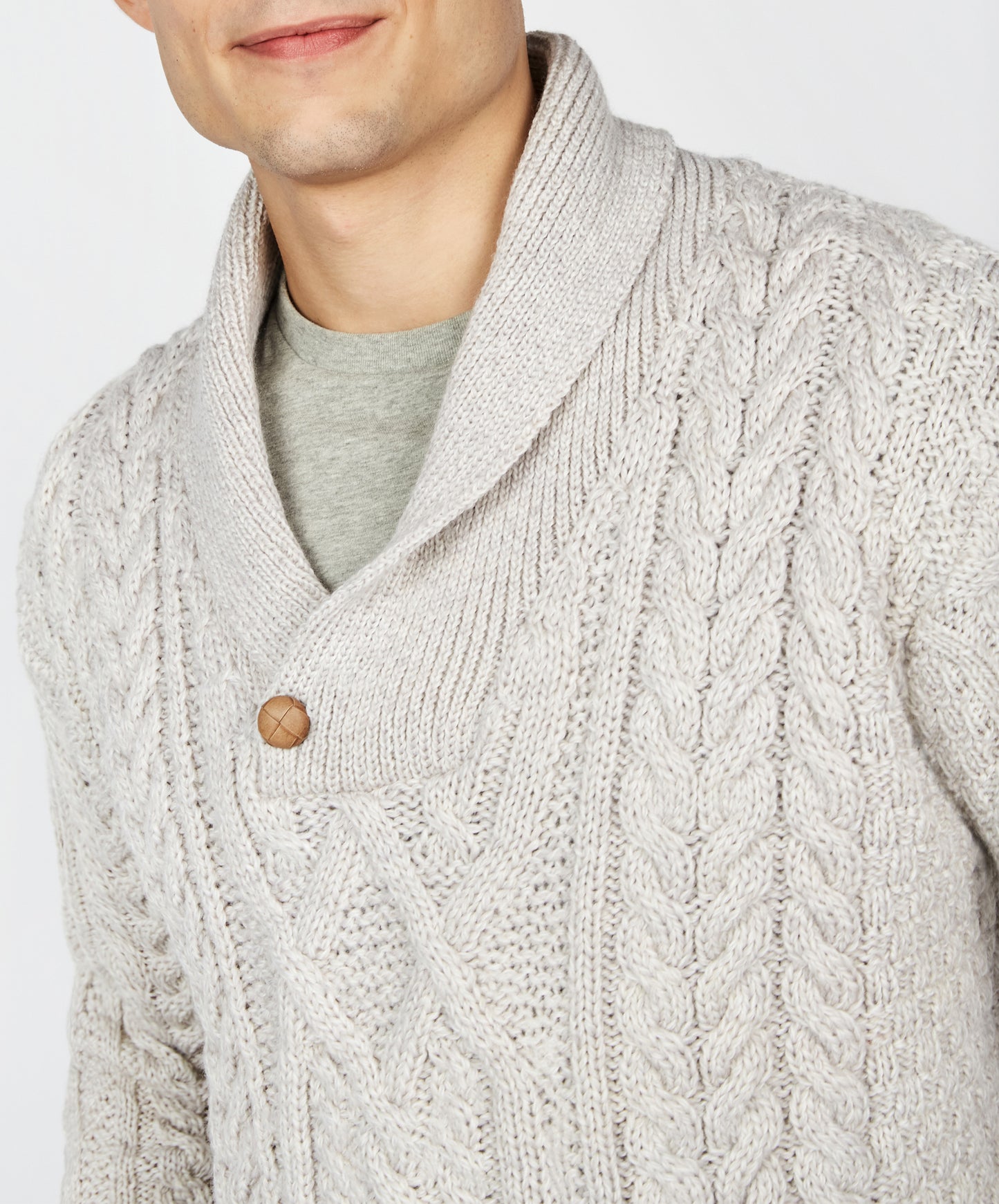 IrelandsEye Knitwear Dair Aran Shawl Collar Sweater in Silver Marl Merino