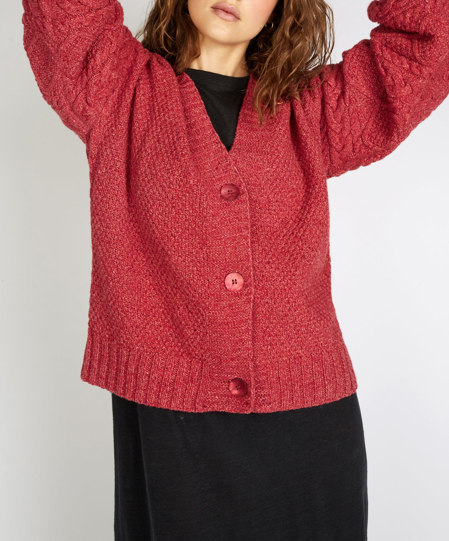 Thistle Cable Knit Sleeves Cardigan Coral