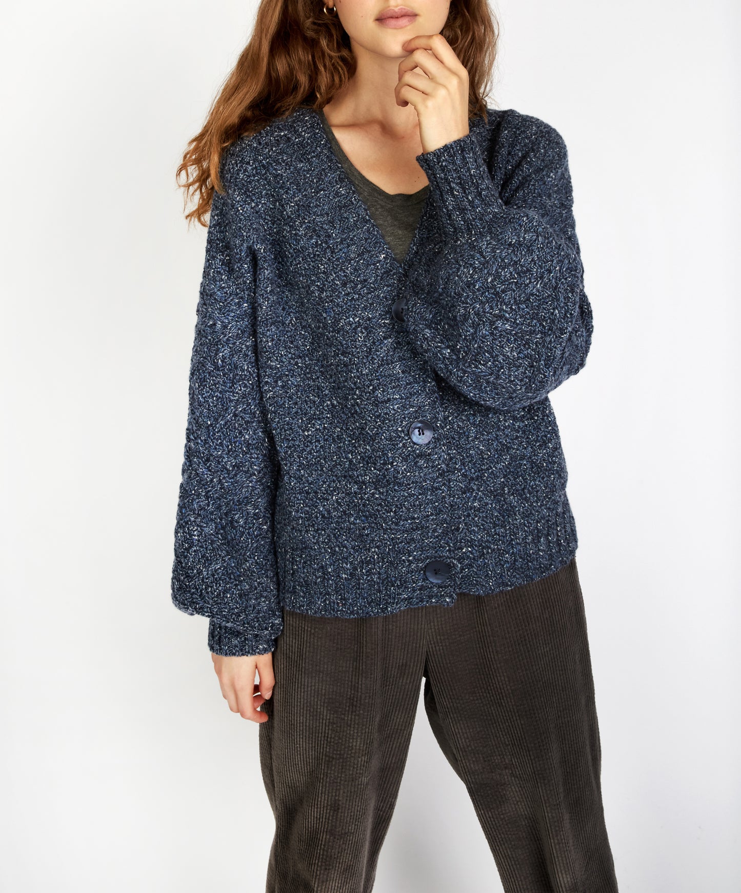 IrelandsEye Knitwear Thistle Cable Knit Sleeves Cardigan Dark Denim