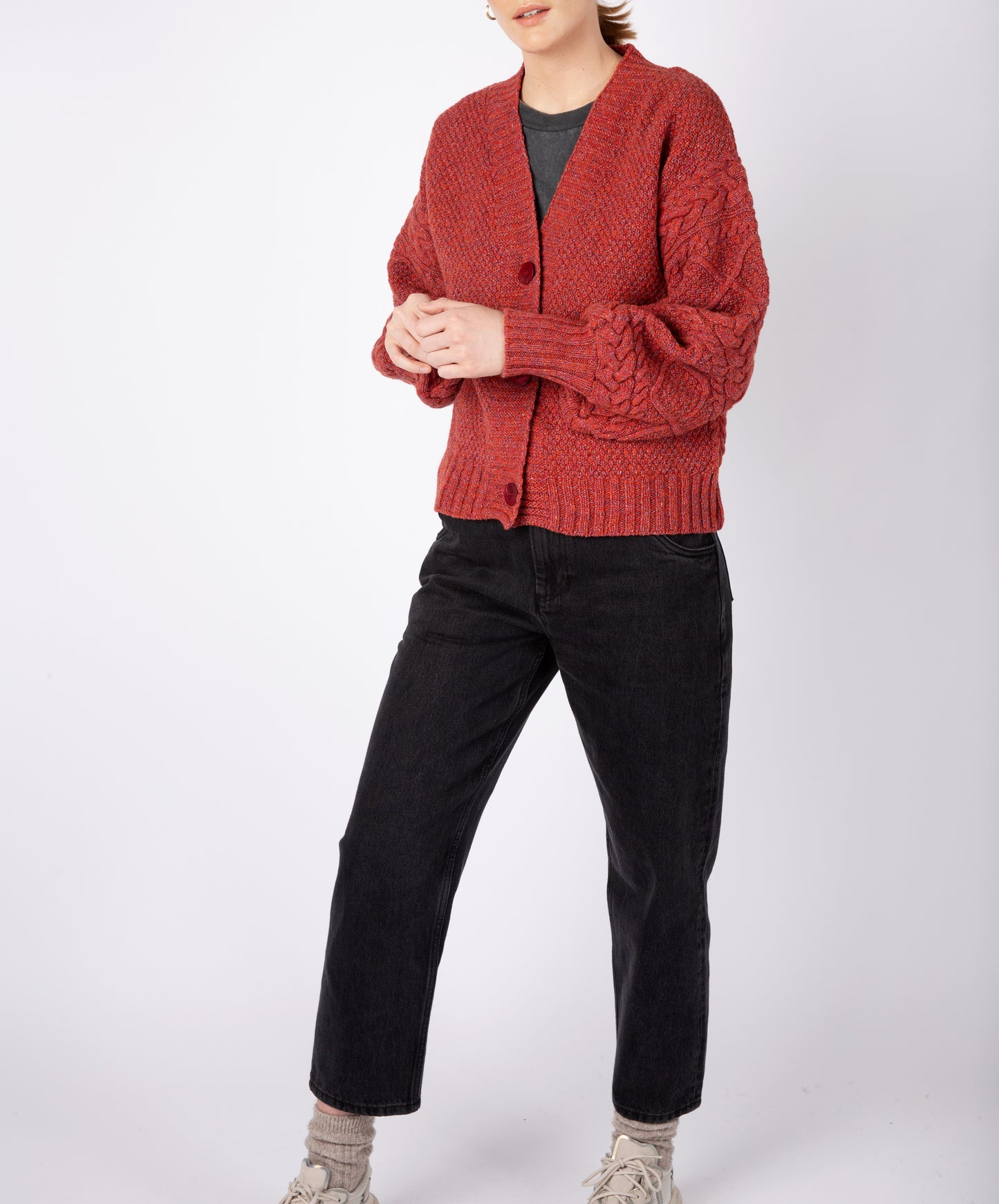 IrelandsEye Knitwear Women's Knitted 'Thistle' Cable Knit Sleeves Cardigan Sunset