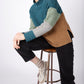IrelandsEye Knitwear Women's Knitted 'Iris' Contrast Panel Funnel Neck Sweater Aquamarine Biscuit