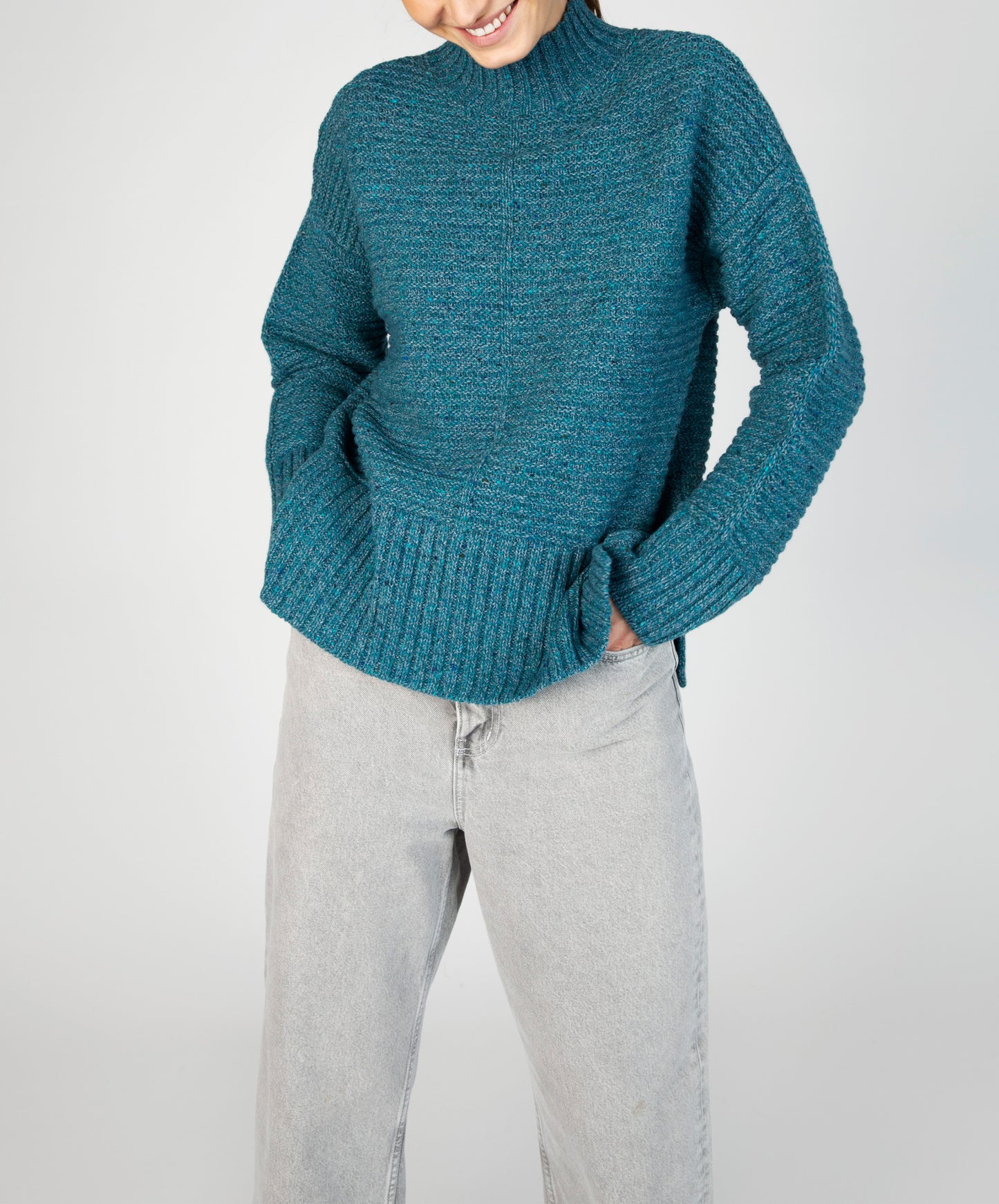 IrelandsEye Knitwear ‘Iris’ Contrast Panel Funnel Neck Sweater Aquamarine