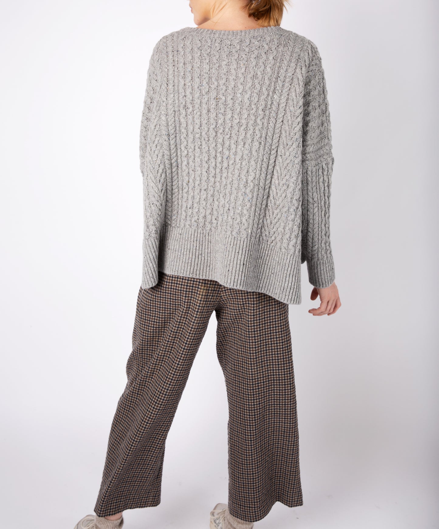 IrelandsEye Knitwear Women's Knitted 'Sorrell' Cropped Aran Sweater Pearl Grey