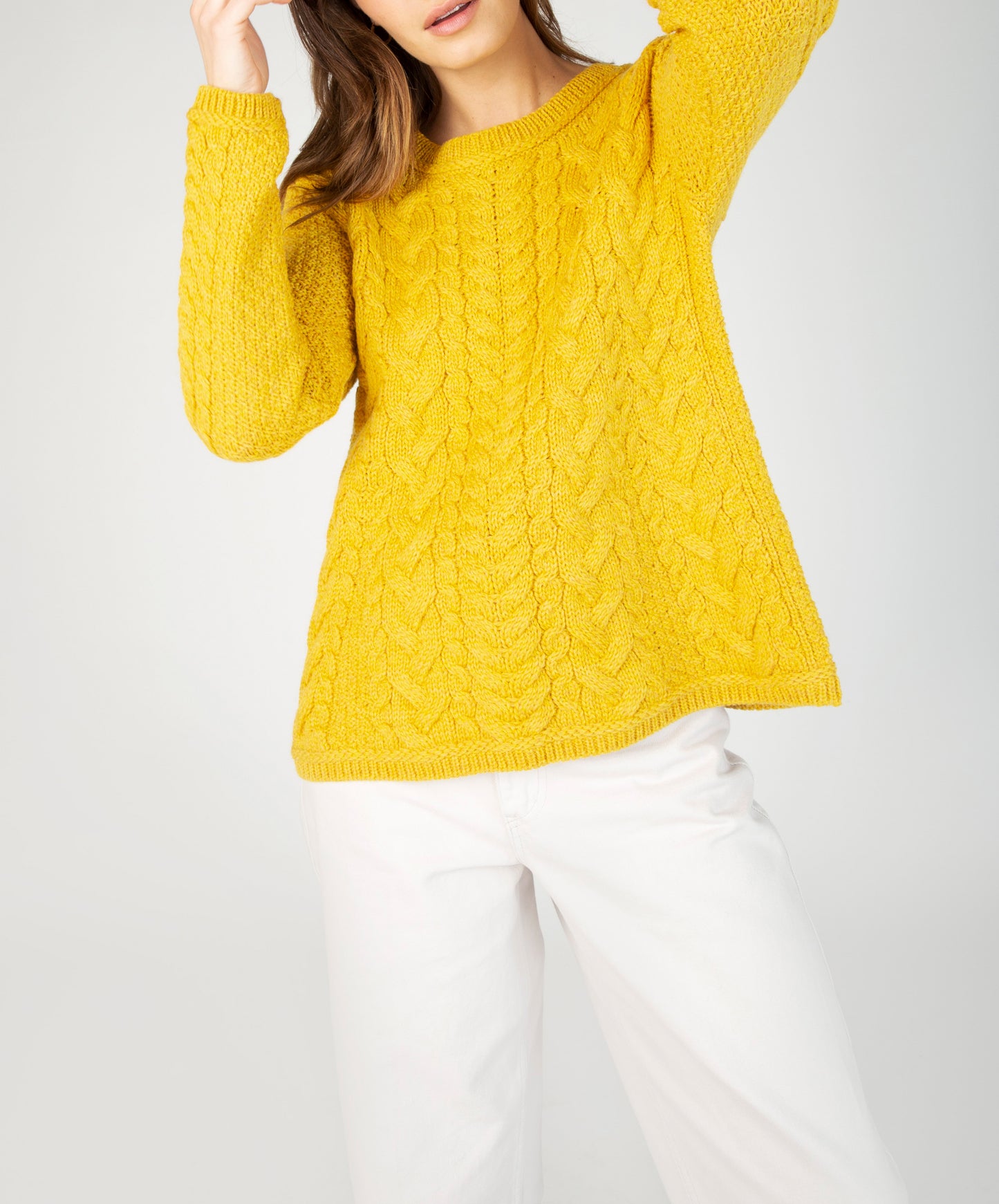 IrelandsEye Knitwear Primose A-Line Cable Round Neck Sweater Sunflower
