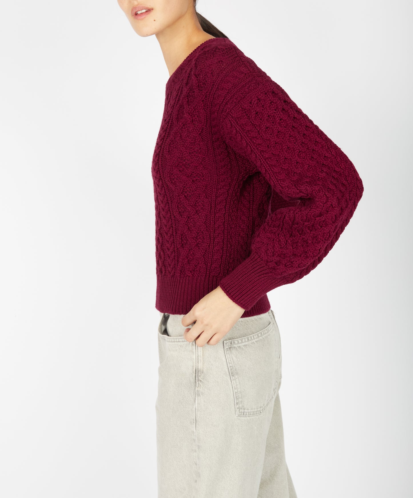 IrelandsEye Knitwear Honeysuckle Cropped Aran Sweater Claret