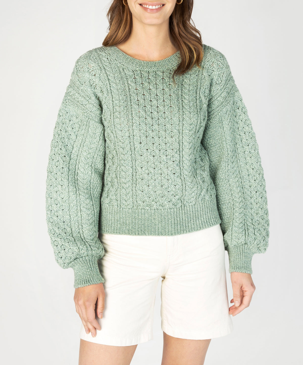 IrelandsEye Knitwear Honeysuckle Cropped Aran Sweater Sage Marl