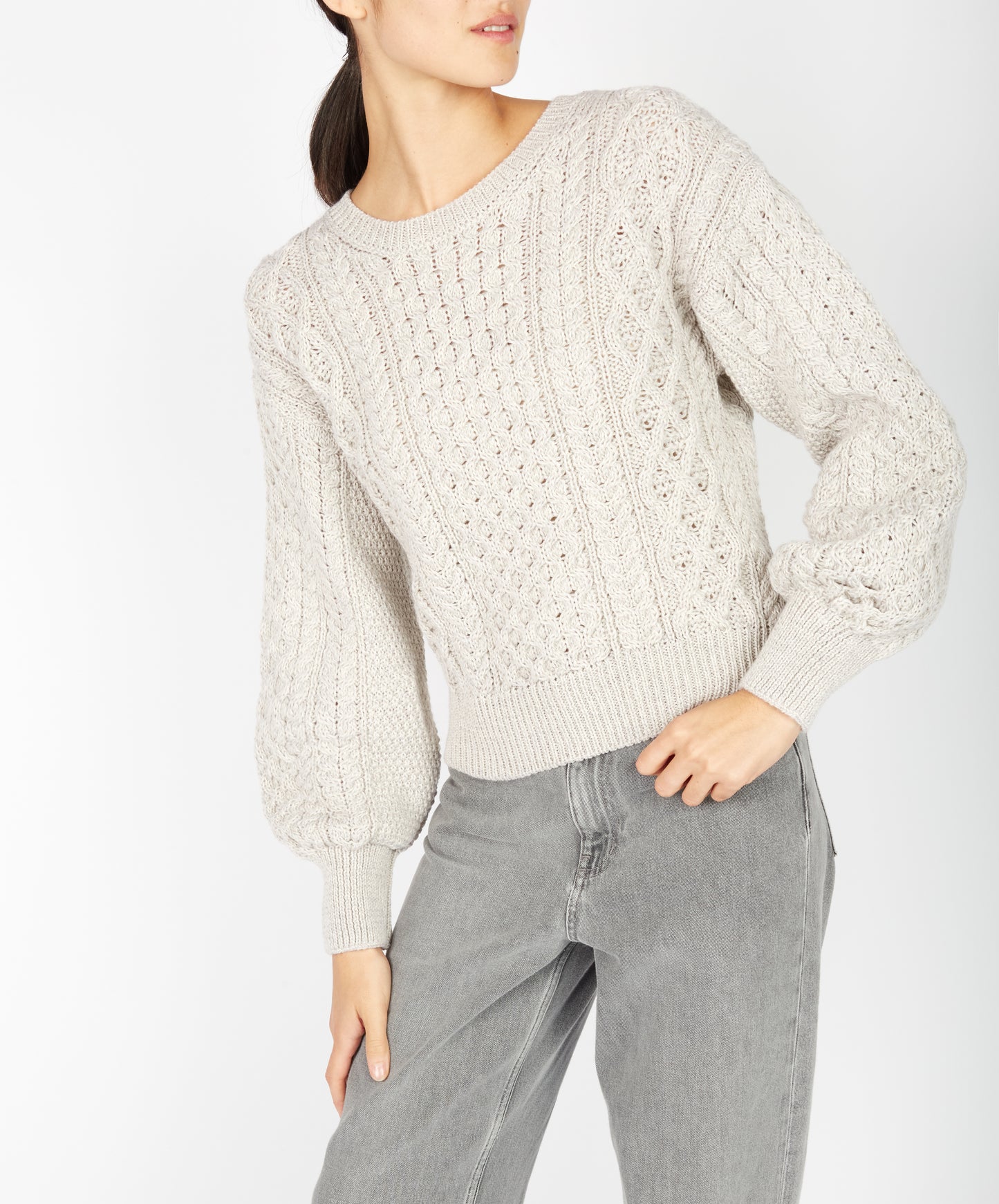 IrelandsEye Knitwear Honeysuckle Cropped Aran Sweater Silver Marl