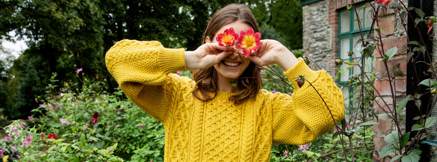 IrelandsEye Knitwear Honeysuckle Cropped Aran Sweater in Sunflower