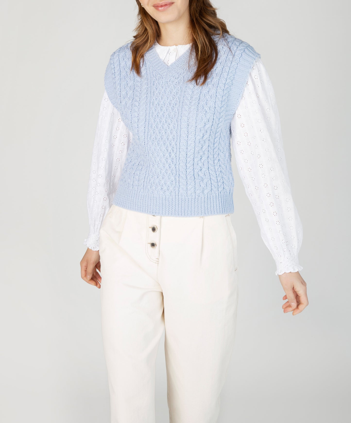 IrelandsEye Knitwear Pansy V-Neck Aran Vest Ice Blue