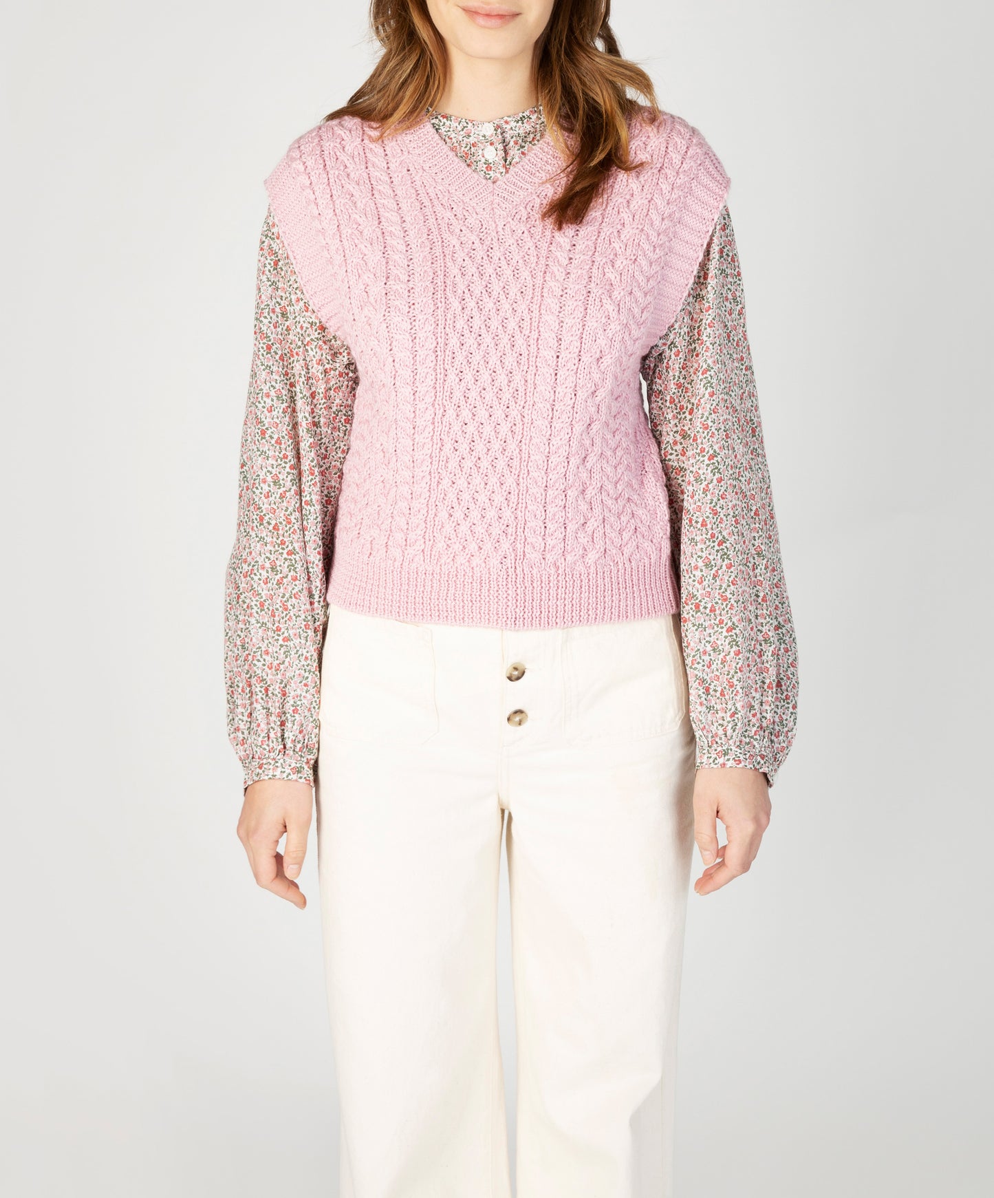 IrelandsEye Knitwear Pansy V-Neck Aran Vest Pale Pink