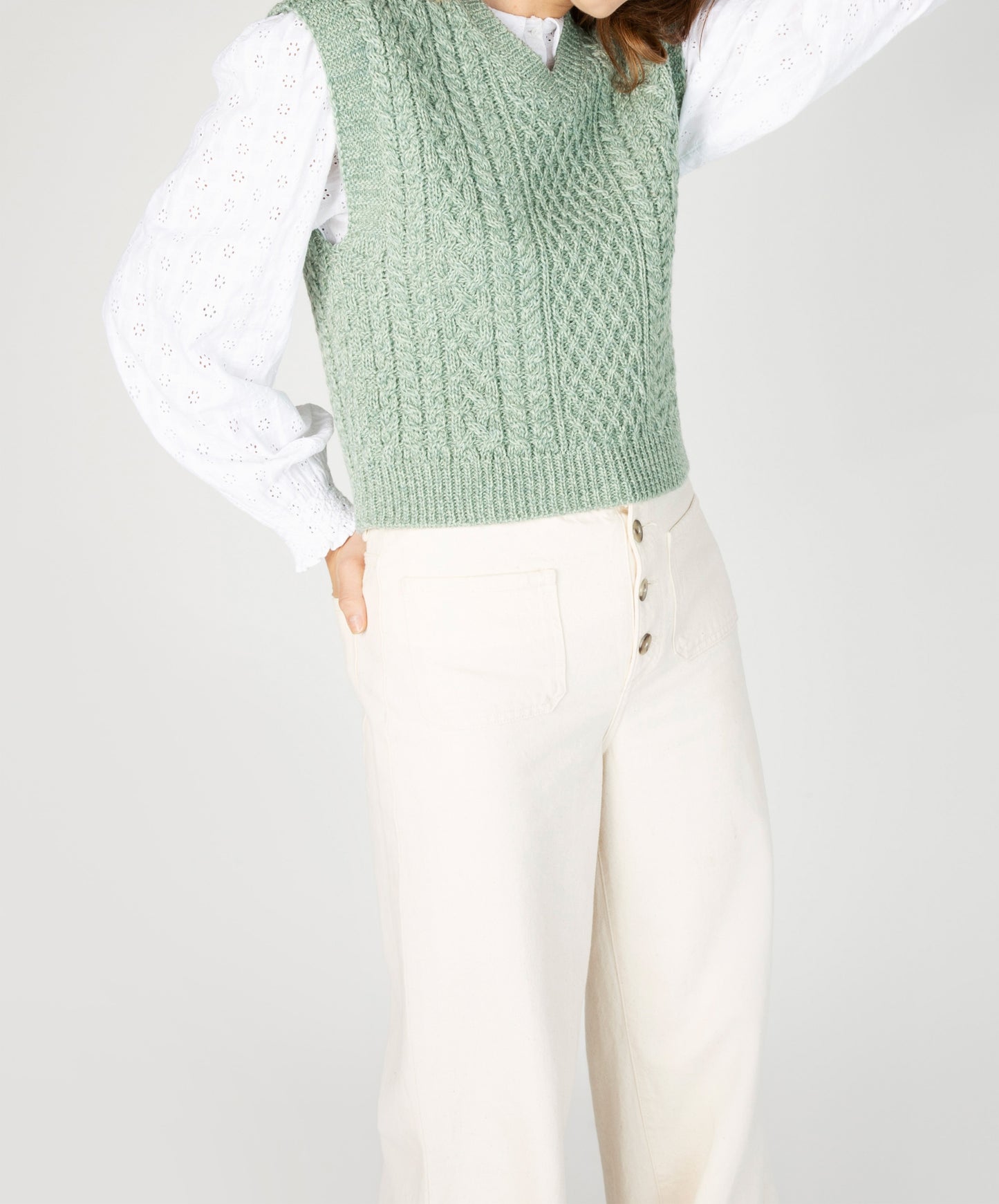 IrelandsEye Knitwear Pansy V-Neck Aran Vest Sage Marl