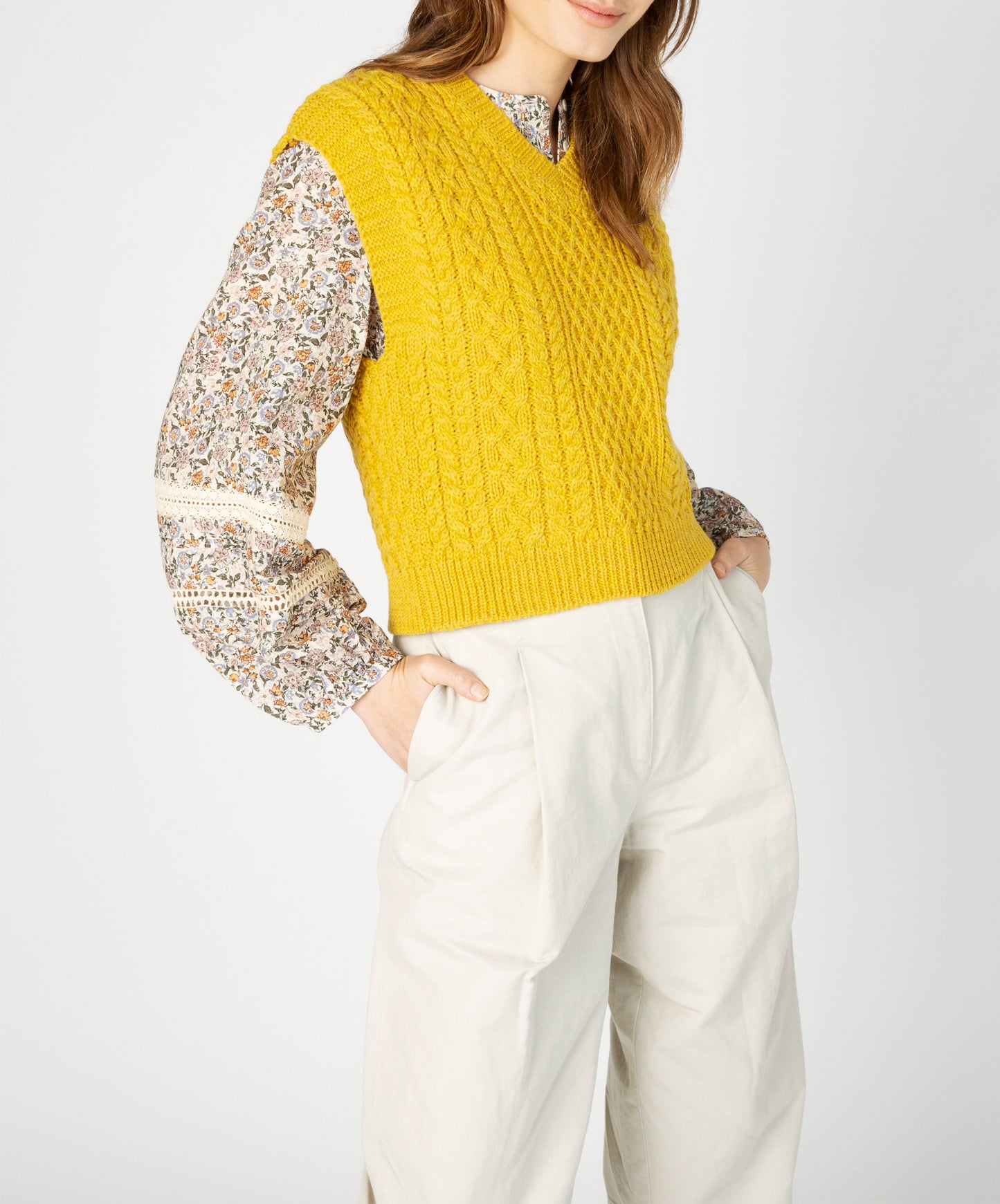 IrelandsEye Knitwear Pansy V-Neck Aran Vest Sunflower