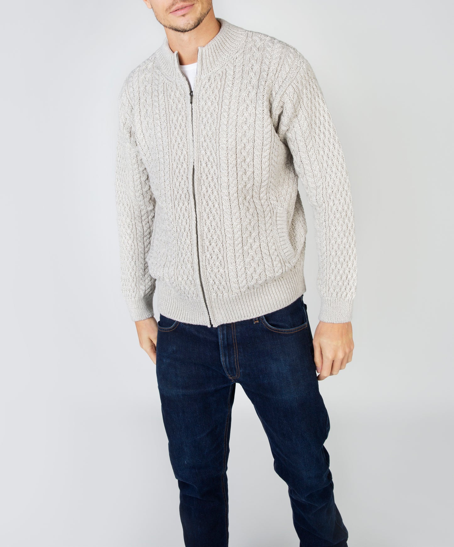 IrelandsEye Knitwear Aran Textured Zipped Cardigan Silver Marl