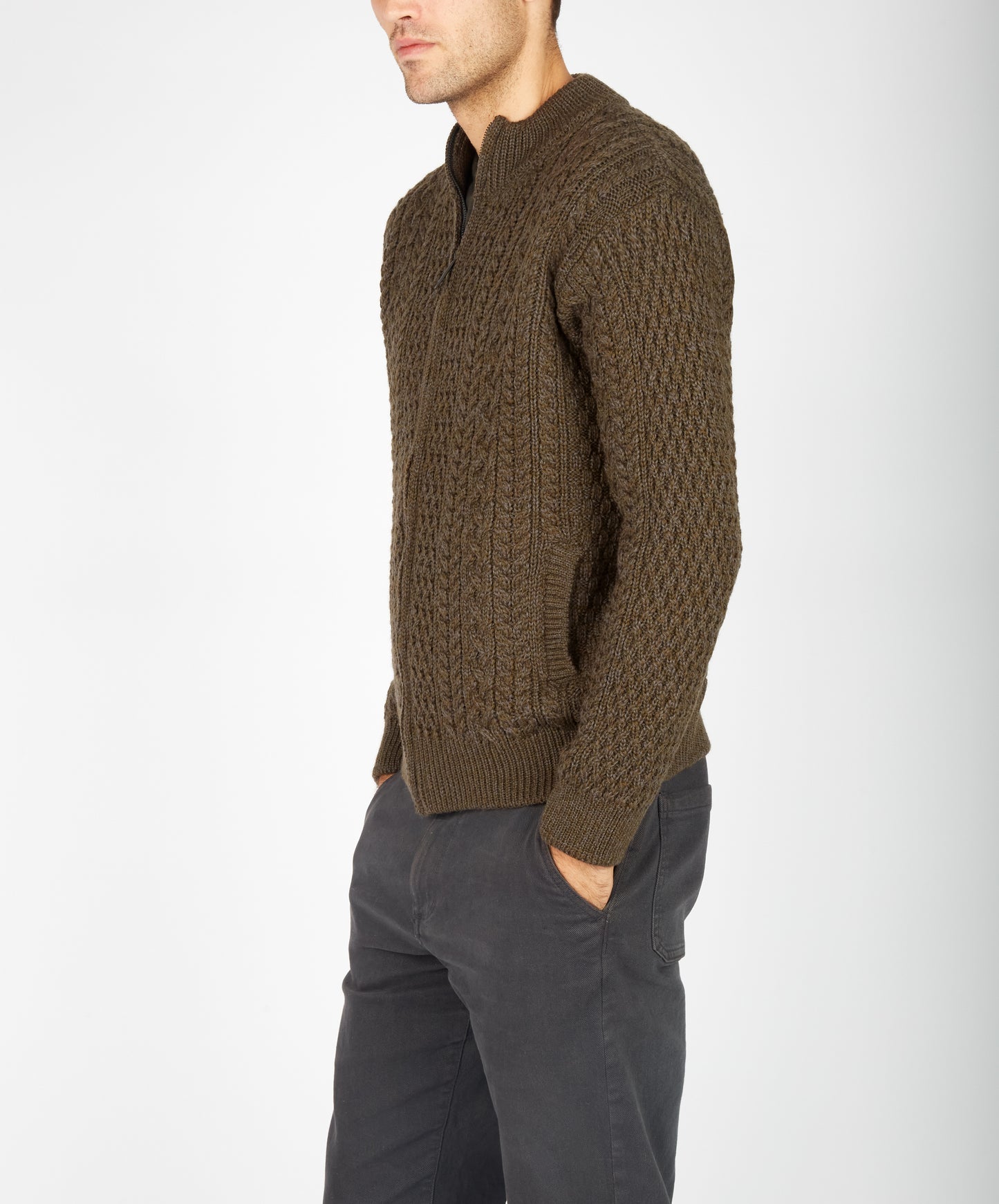 Aran Textured Zipped Cardigan Forest Marl