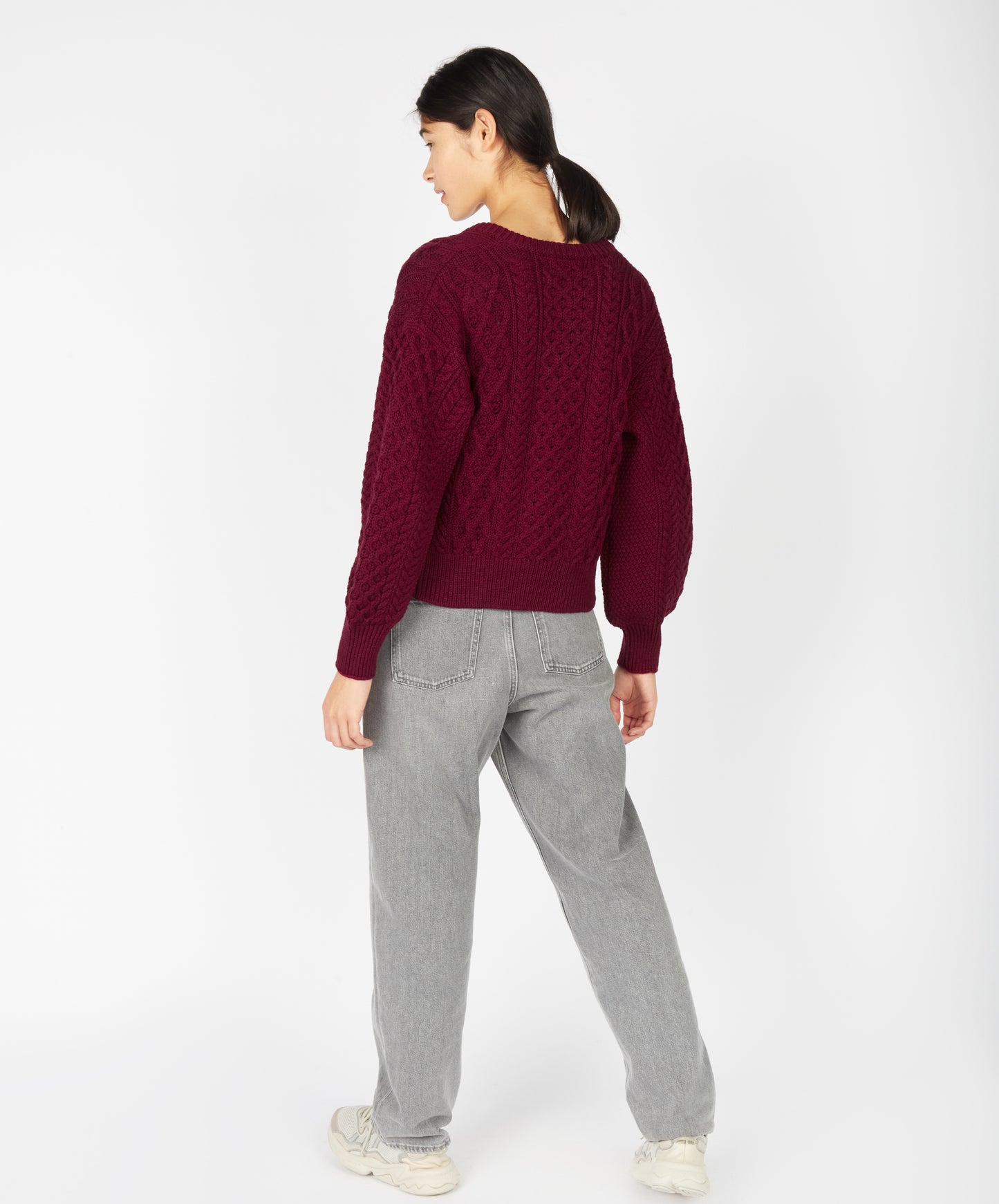 IrelandsEye Knitwear Clover Cropped Aran Cardigan Claret