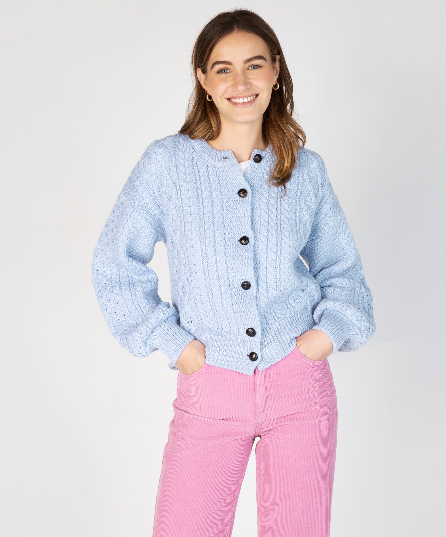 IrelandsEye Knitwear Clover Cropped Aran Cardigan Ice Blue