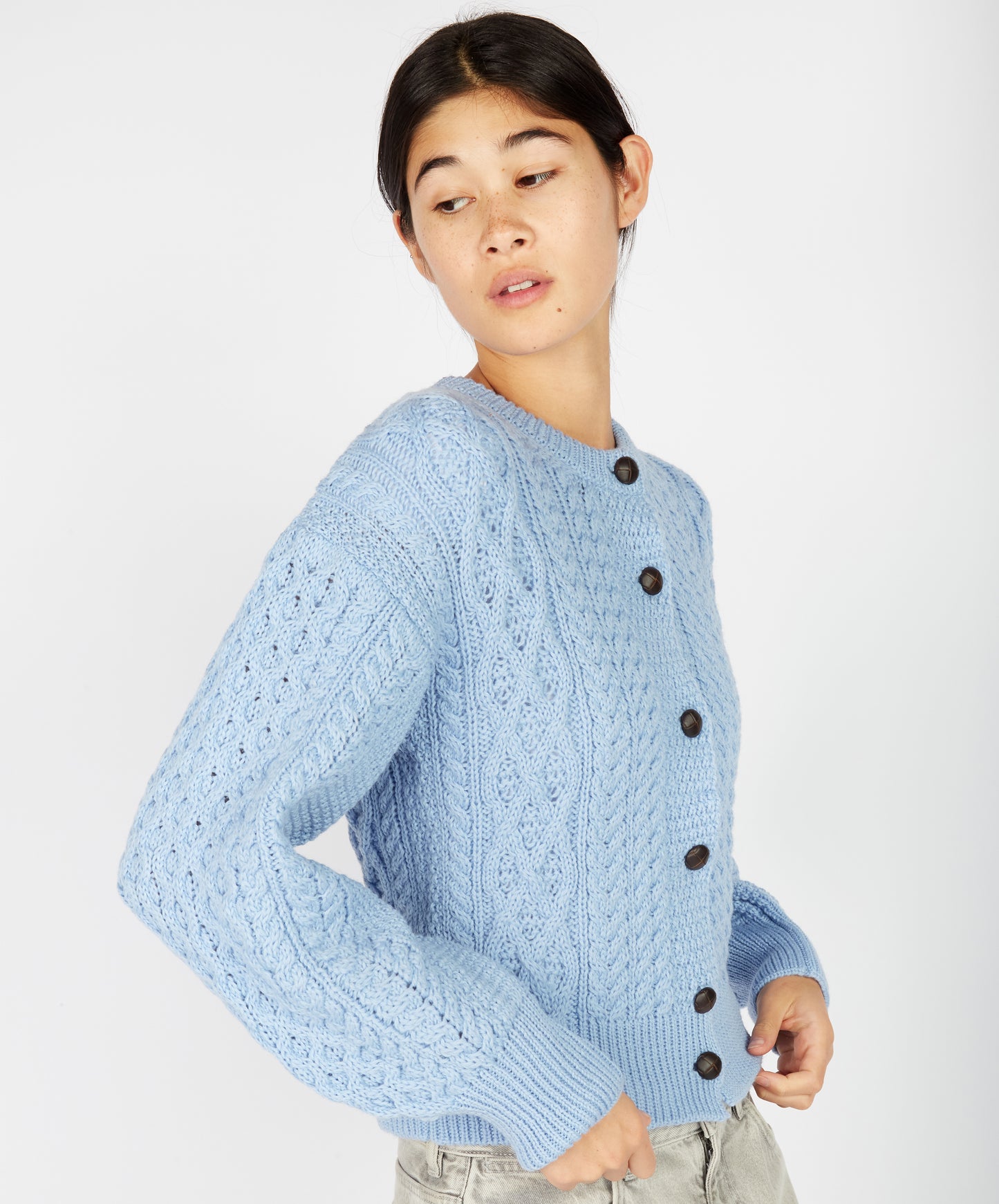 IrelandsEye Knitwear Clover Cropped Aran Cardigan Morning Sky