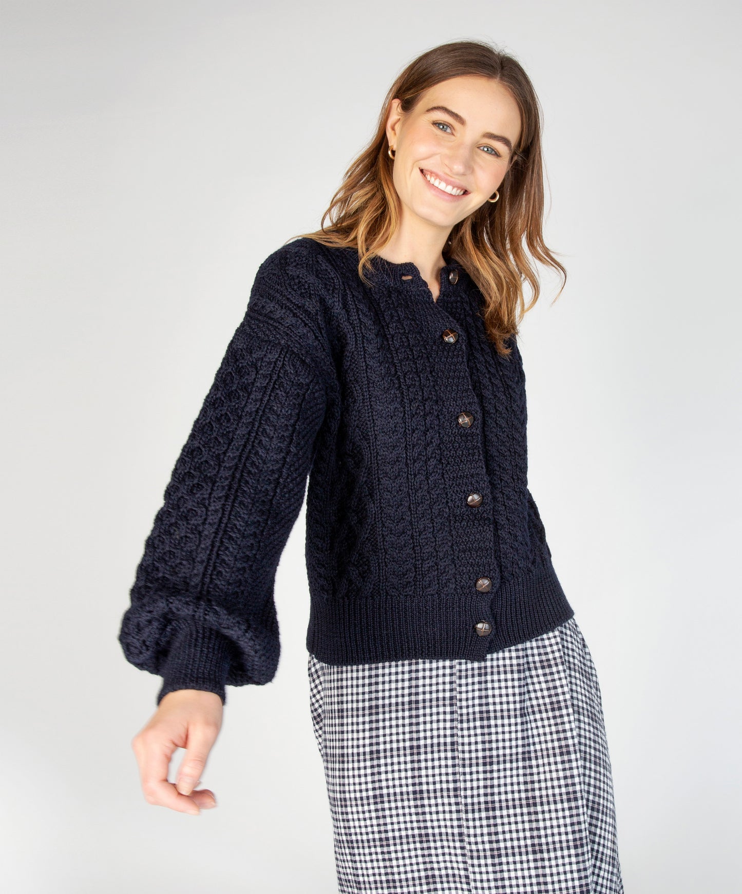 IrelandsEye Knitwear Clover Cropped Aran Cardigan Navy