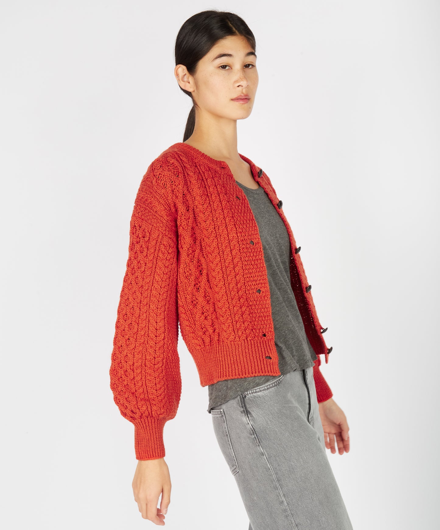 IrelandsEye Knitwear Clover Cropped Aran Cardigan Orange Marl