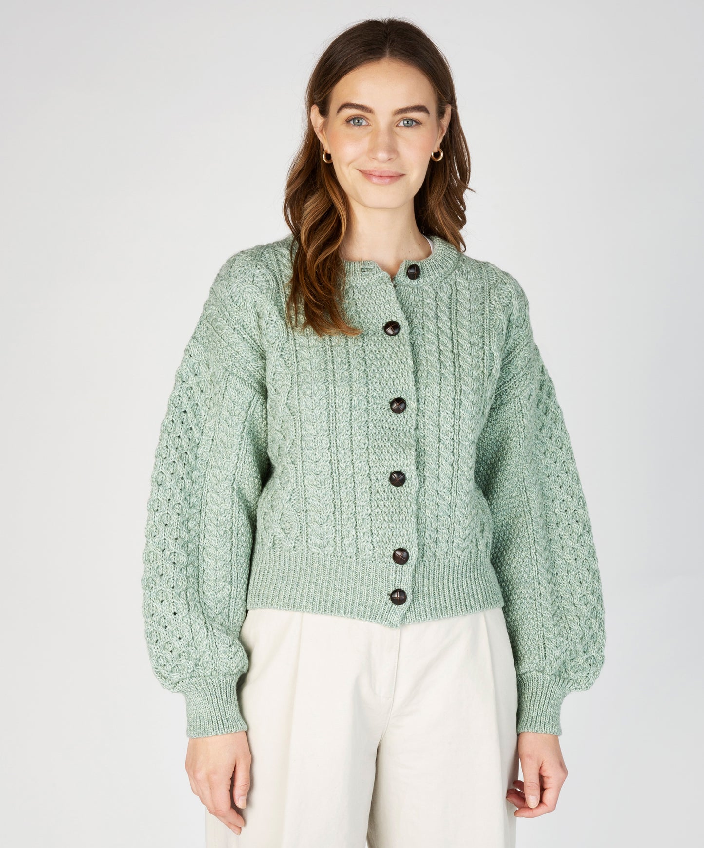 IrelandsEye Knitwear Clover Cropped Aran Cardigan Sage Marl