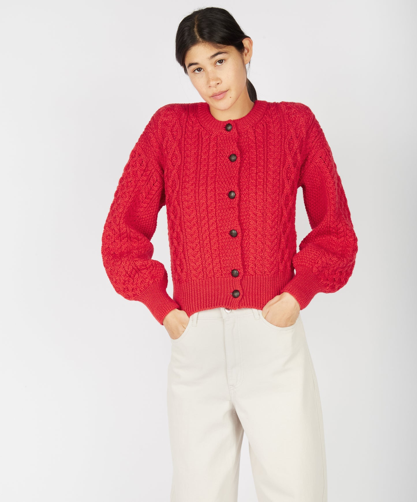 IrelandsEye Knitwear Clover Cropped Aran Cardigan Scarlet