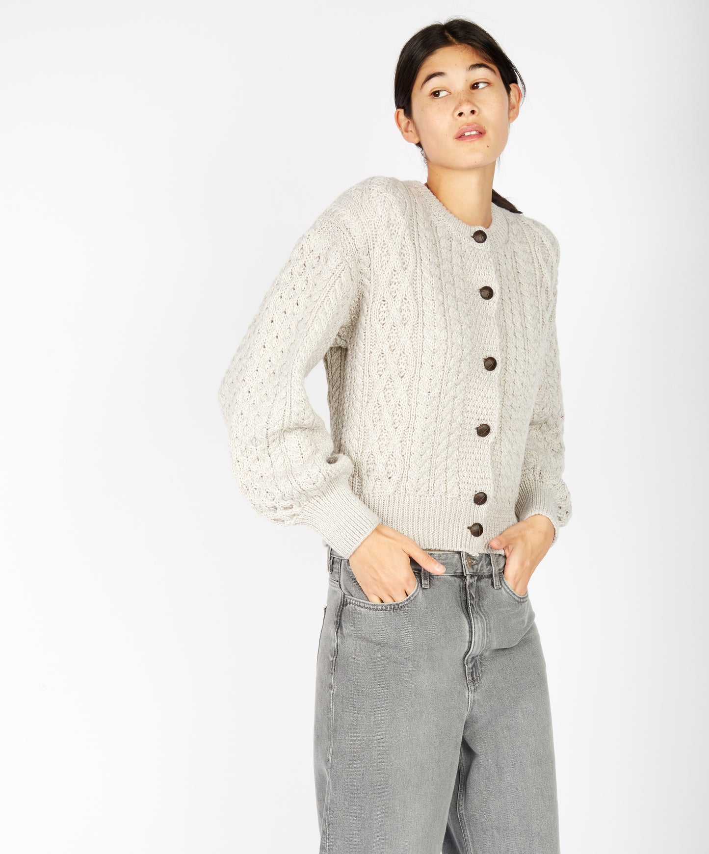 IrelandsEye Knitwear Clover Cropped Aran Cardigan Silver Marl