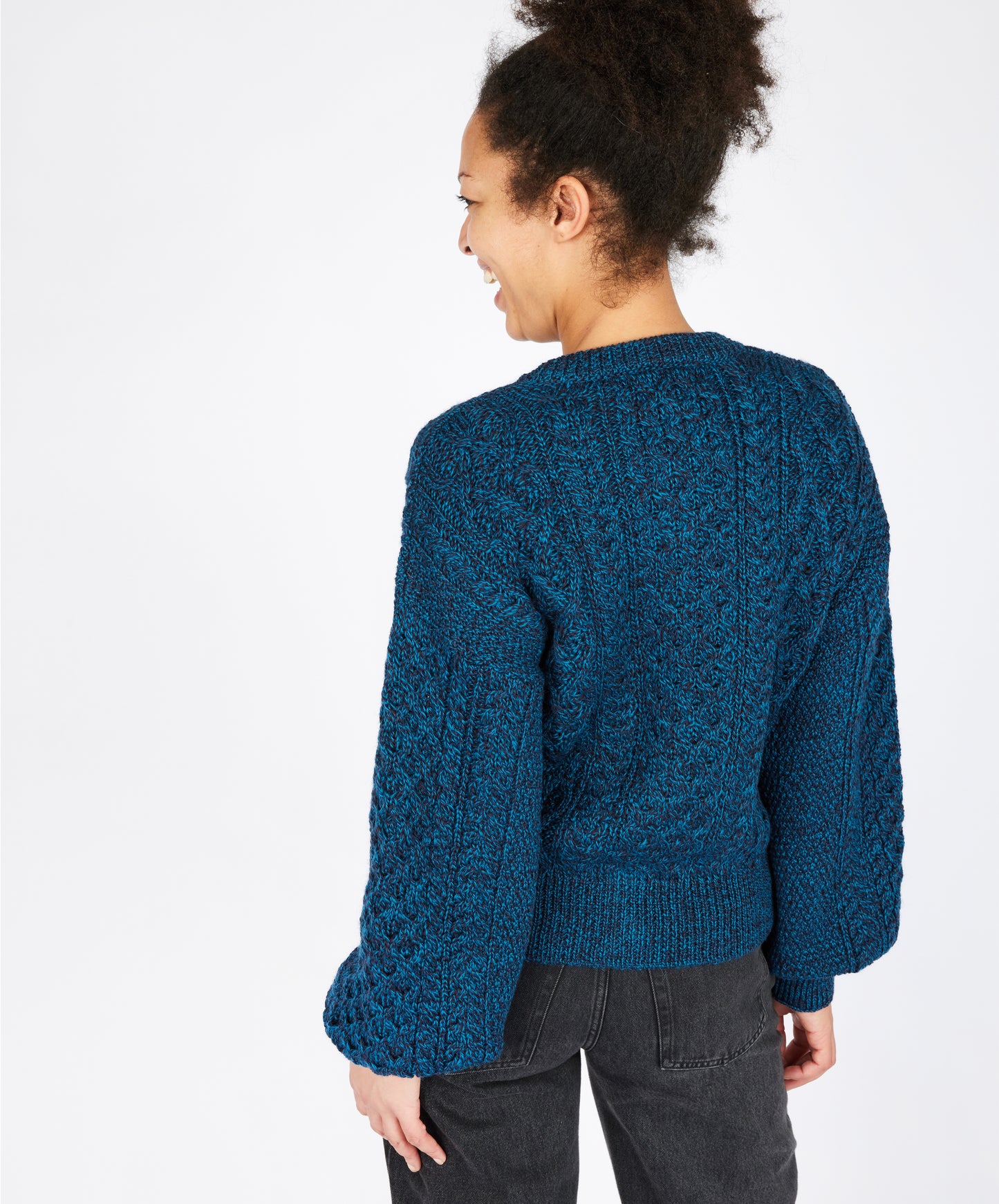 IrelandsEye Knitwear Clover Cropped Aran Cardigan Petrol Marl