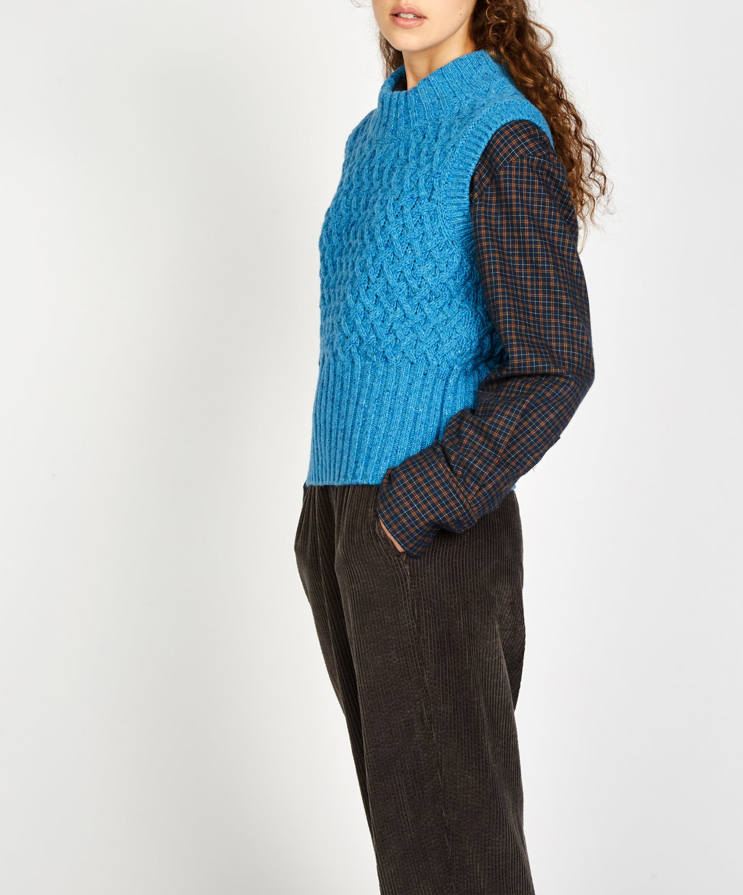 IrelandsEye Knitwear Ballybricken Trellis Cropped Vest Forget-Me-Not Blue