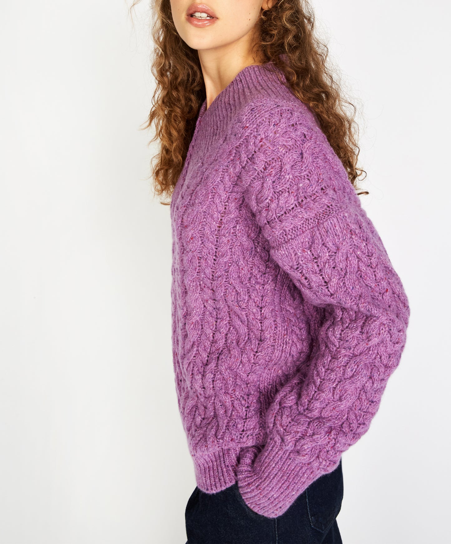 IrelandsEye Knitwear Mill Lane Cable V-Neck Sweater Orchid