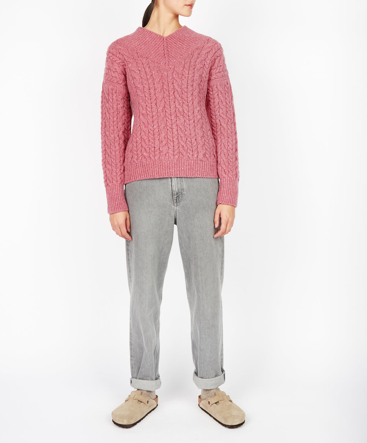 IrelandsEye Knitwear Mill Lane Cable V-neck Sweater Bubblegum pink