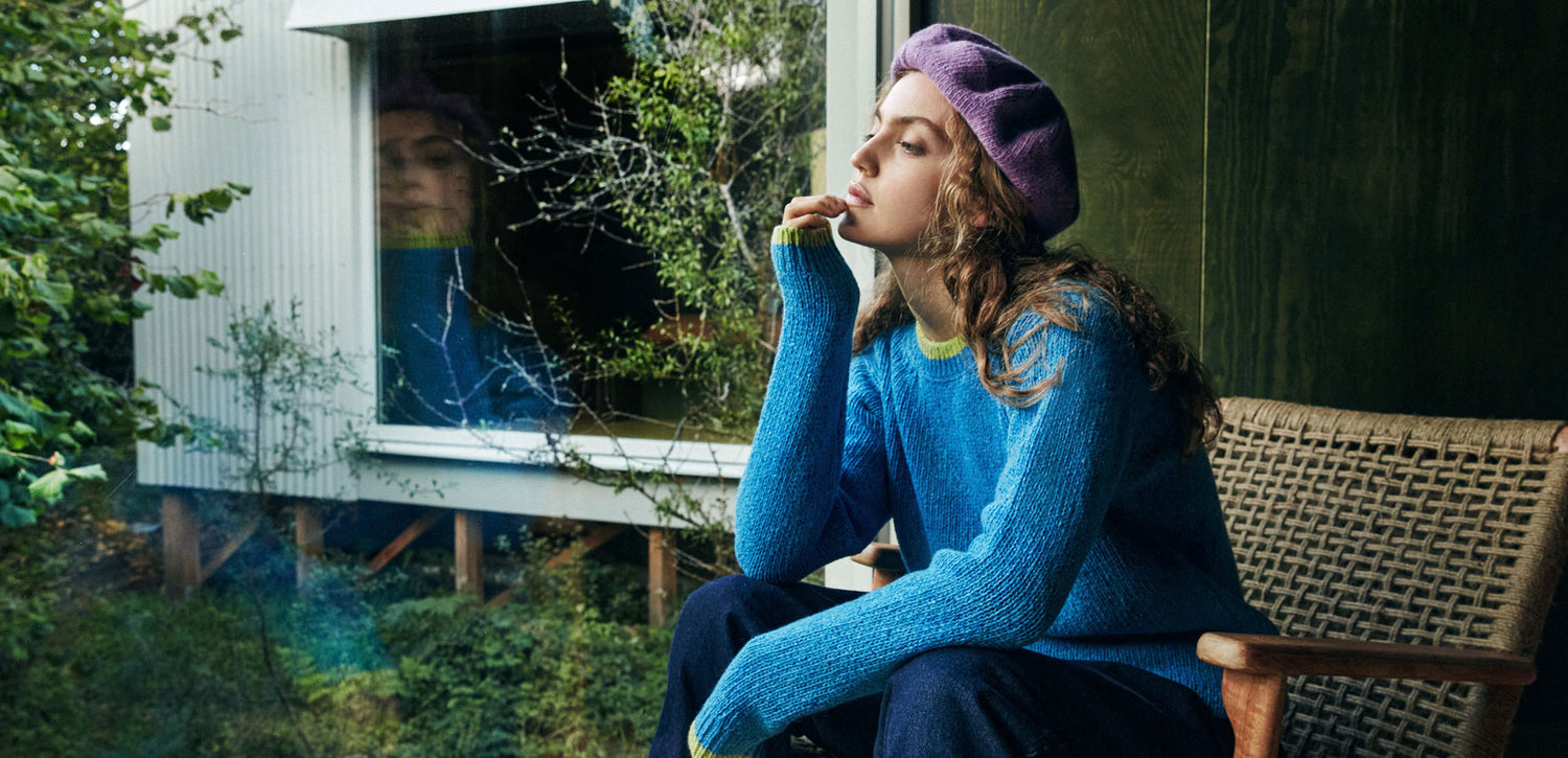 IrelandsEye Knitwear The Slaney Sweater in Forget-Me-Not Blue, with Chartreuse collar and cuffs