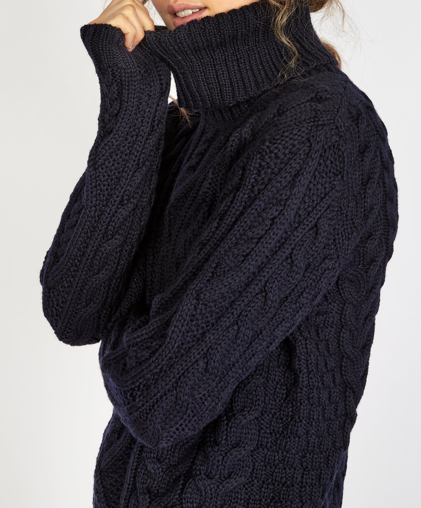 IrelandsEye Knitwear Juniper Aran Polo Neck Sweater in Navy