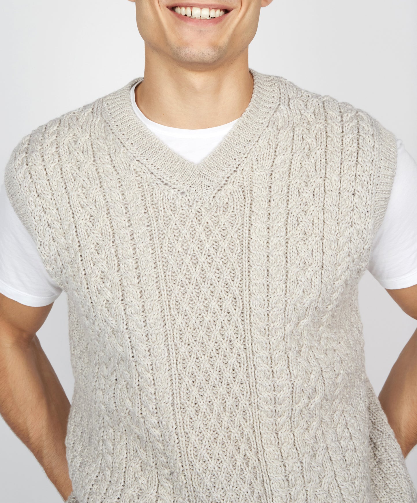 IrelandsEye Knitwear Mens Birch Aran V-Neck Vest in Silver Marl