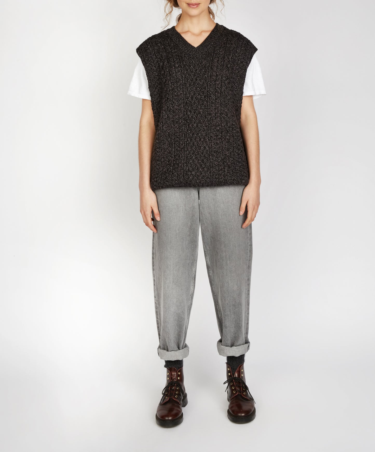 IrelandsEye Knitwear Womens Birch Aran V-Neck Vest in Antrhacite