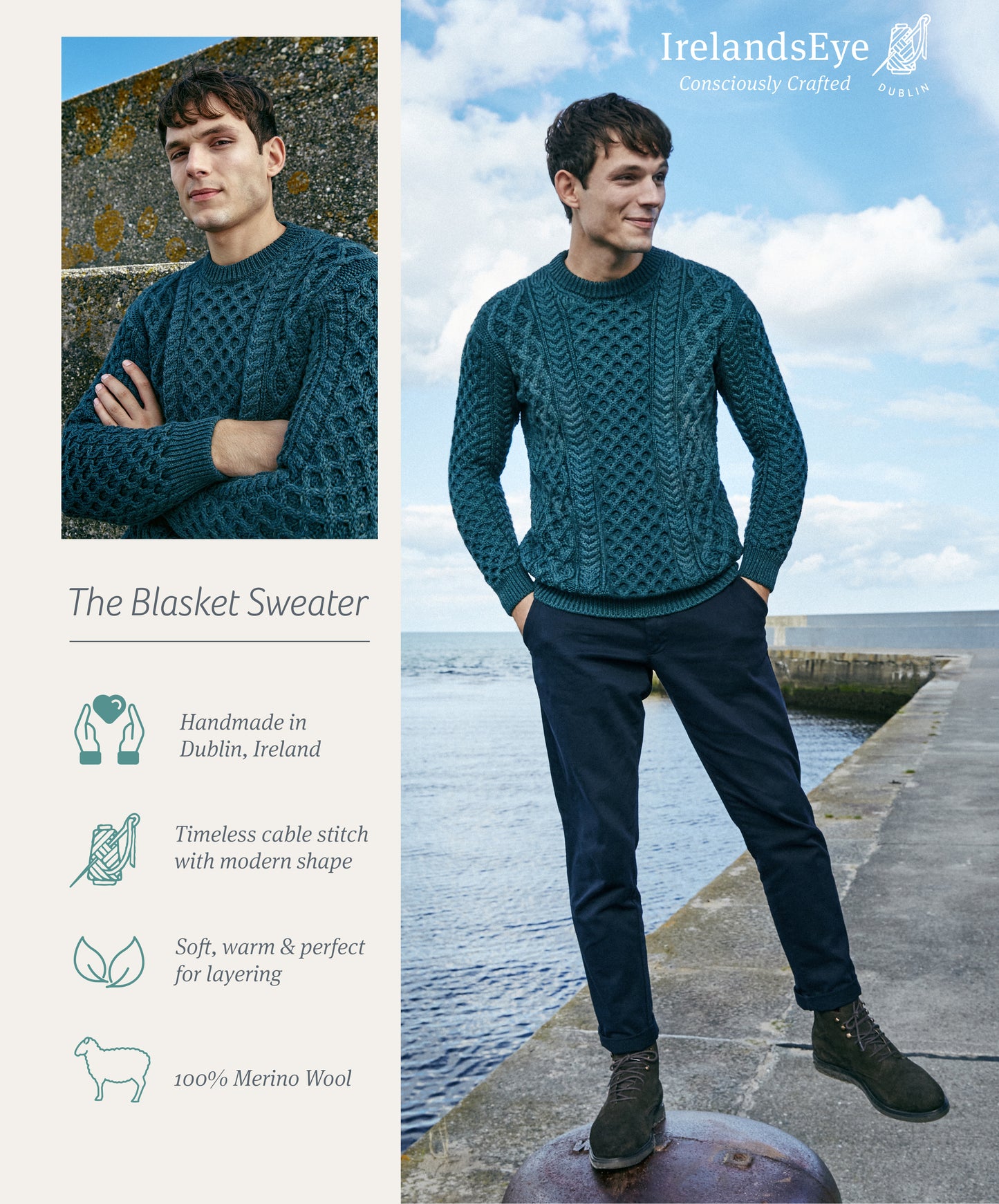Blasket Honeycomb Stitch Mens Aran Sweater Evergreen