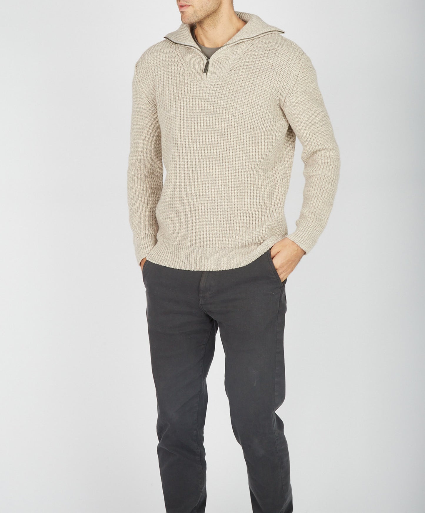 IrelandsEye Knitwear Owenroe Ribbed Troyer Sweater Stone Marl