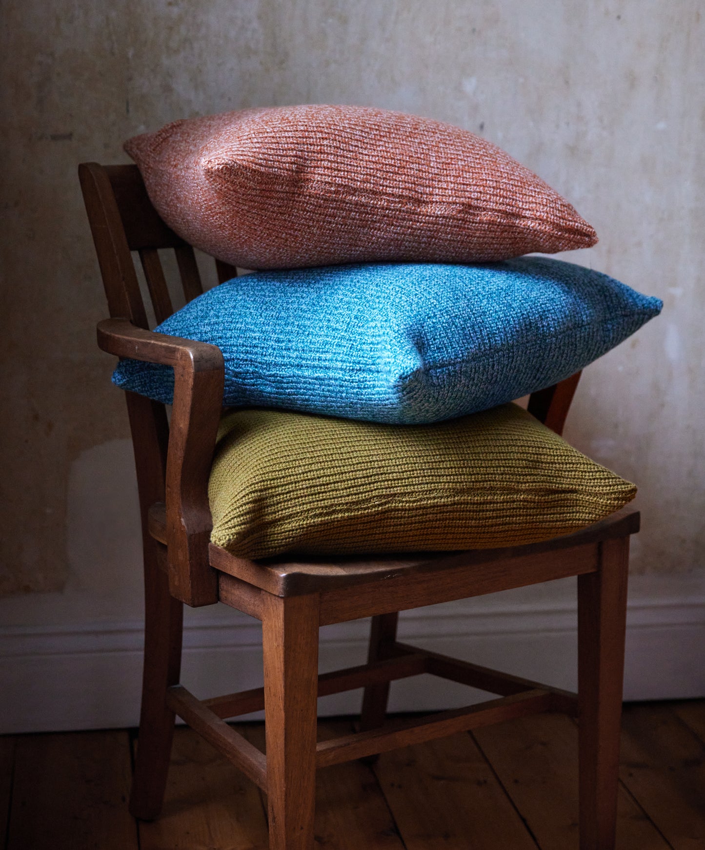 IrelandsEye Knitwear Havilah Cushion Cover Cedar Marl, Khaki and Larimar