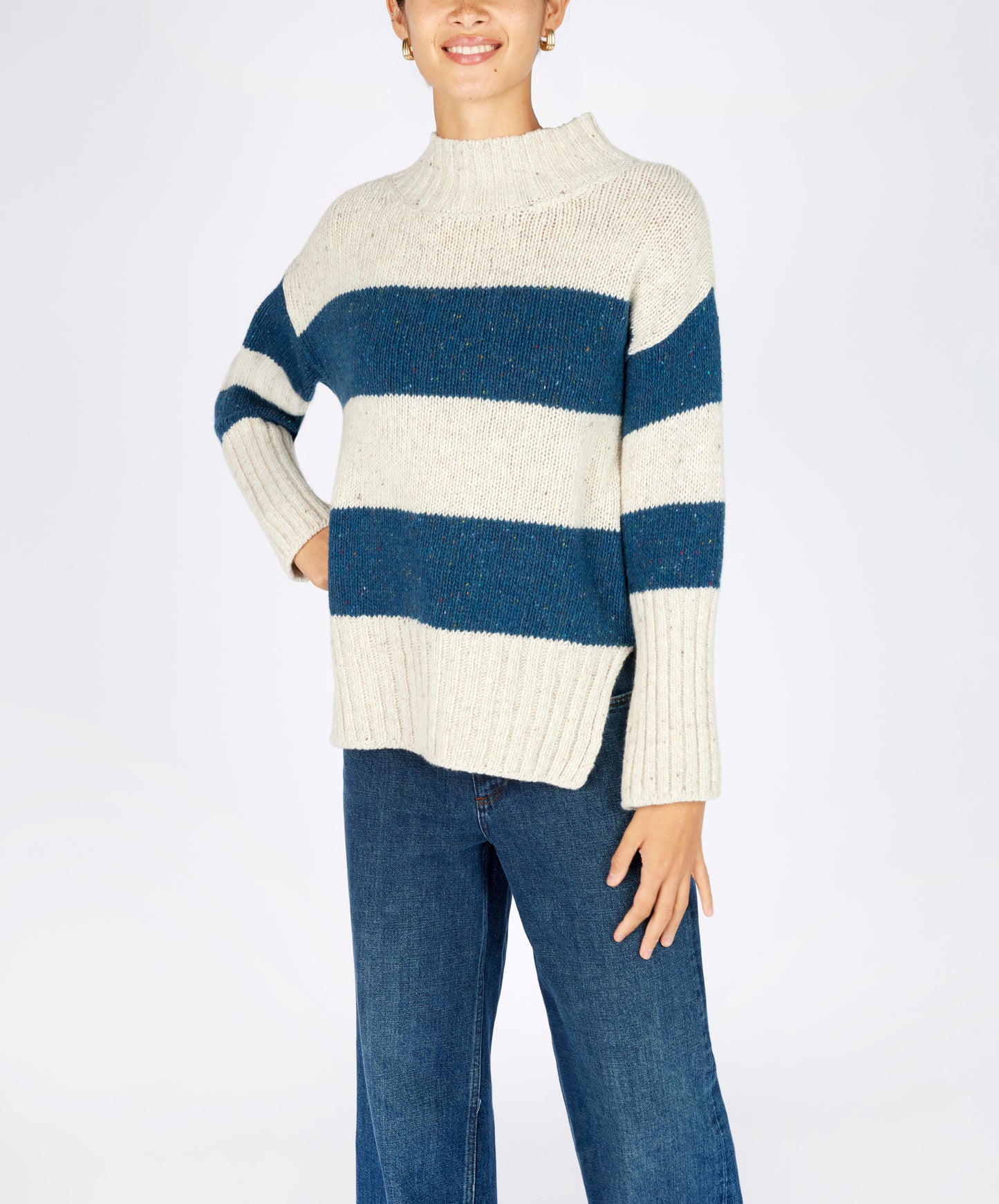 IrelandsEye Knitwear Arna Stripe Funnel Neck Chalkstone