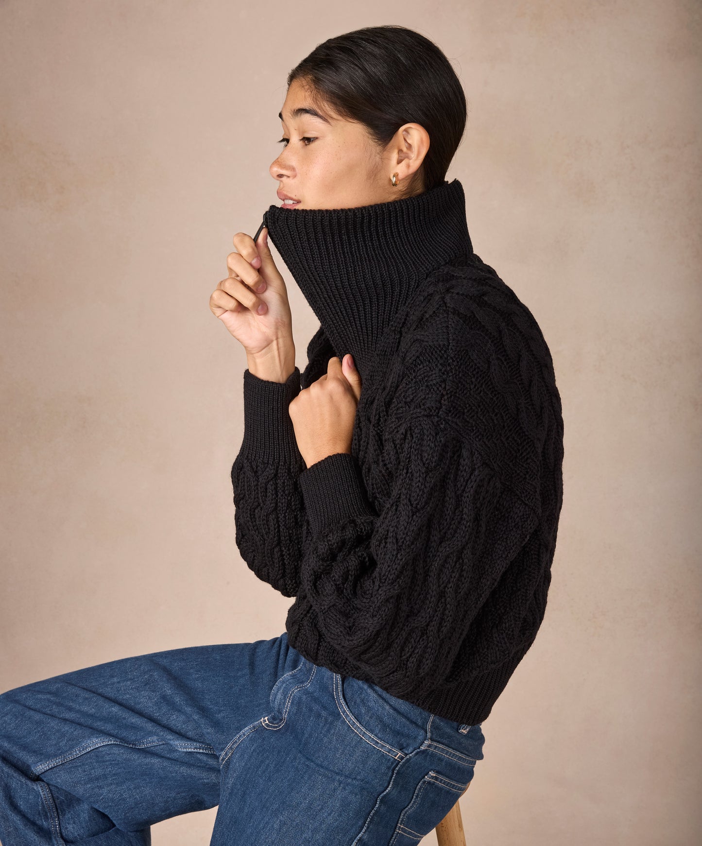 IrelandsEye Knitwear The 'Jessica' Cropped Aran Troyer Dark Night