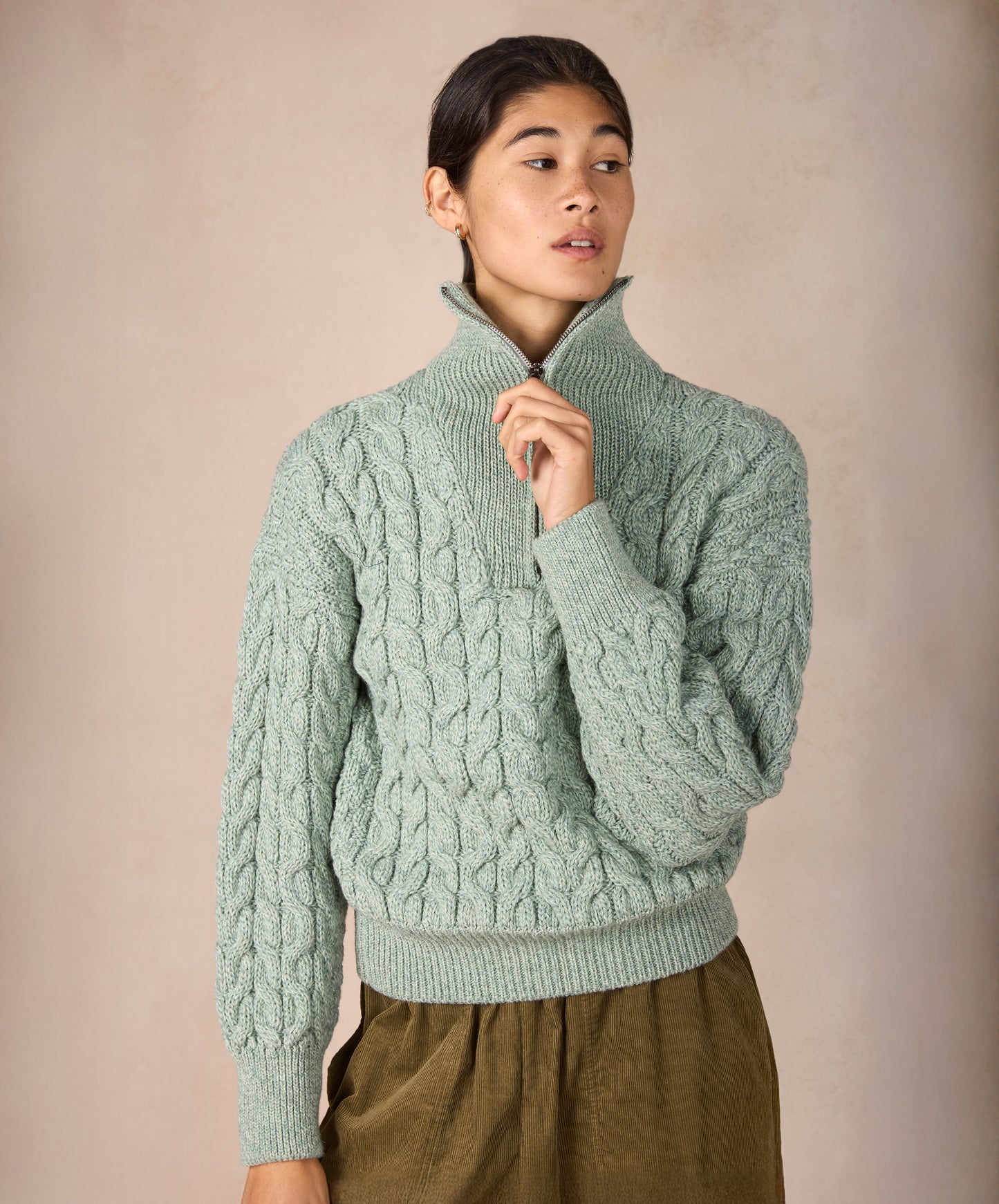 IrelandsEye Knitwear The 'Jessica' Cropped Aran Troyer Sage Marl