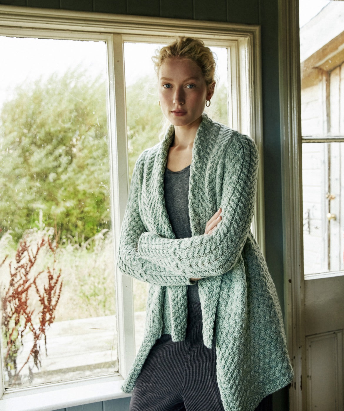 IrelandsEye Knitwear Glenross Waterfall Cardigan Sage Marl