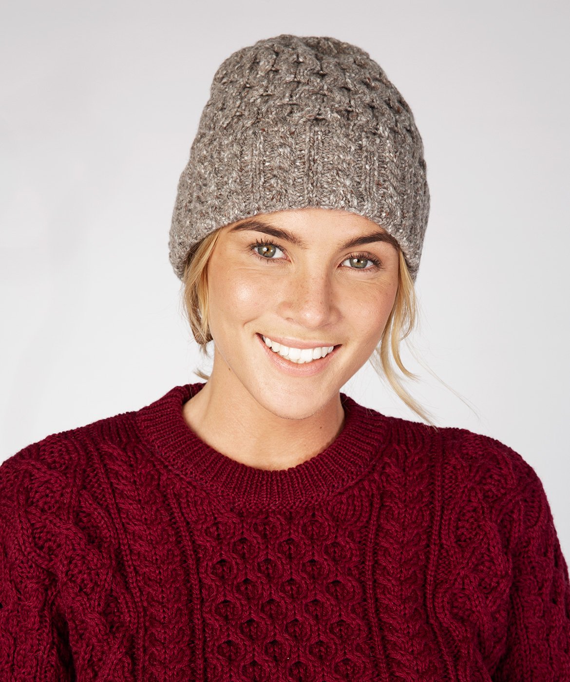 Unisex Luxe Aran Knit Woolen Hat in Rocky Ground - IrelandsEye